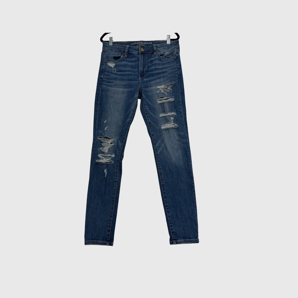American Eagle Skinny Jeans Womens 10 Blue Super Stretch Distressed High Rise